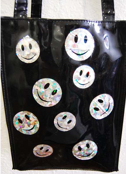1990s Tote Bag - Happy Smiley Face - Black Vinyl Glitter Holographic.