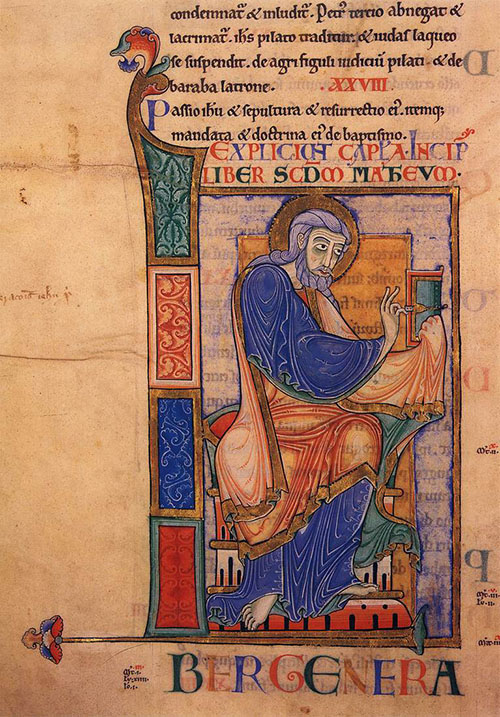 Image of a page from Dover Bible  c. 1150. A man is sitting in blue robes on a chair in an illustrated block.