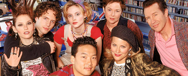 Photo of the short lived television show for That 80's Show. From the left: June Tuesday (Chysler Leigh), Corey Howard (Glenn Howerton), Kaite Howard (Tinsley Grimes), Roger Park (Eddie Shin), Margaret (Margaret Smith), Sophia (Brittany Daniels) and RT Howard (Geoff Pierson)