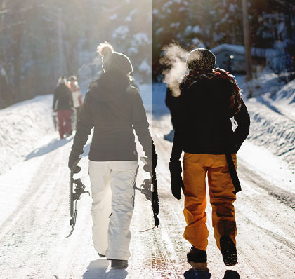With and without polarize lenses. With sunglasses on the right. Without on the left. People on a snowy hill in the sun with winter gear on.