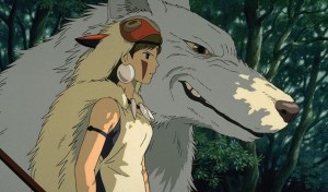 Moro (a giant white wolf God) and San (a young woman with face paint and a beige fur cape)looking on in a forest. 