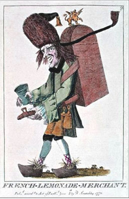 An illustration of a limondier dressed with his metallic container of lemonade.