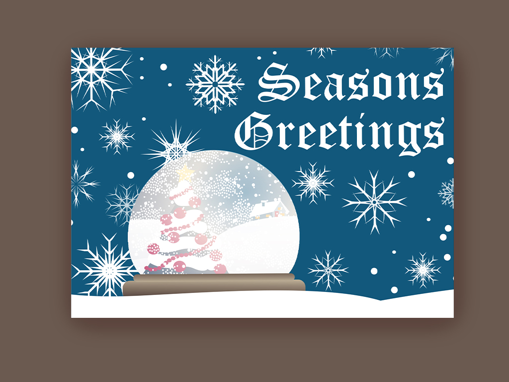 Custom Christmas Three: Snowglobe of a Christmas Tree with snowflakes in front of a blue sky.