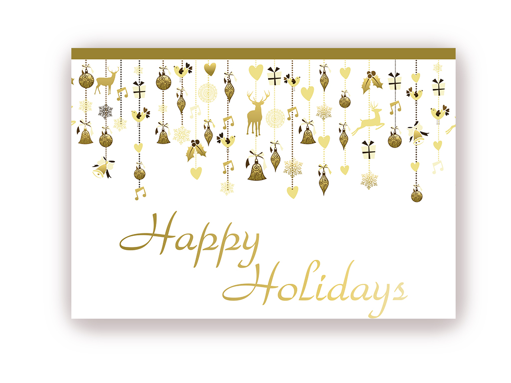 Custom Christmas Four: Gold ornaments hanging with Christmas theme.