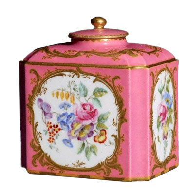 Pompadour pink canister with floral illustrated design and gold florals with a lid.