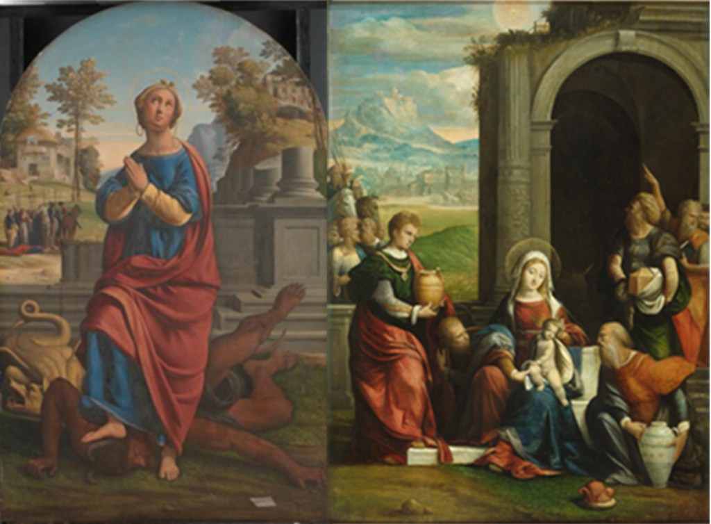 Two Paintings. Left: St. Margaret by Giovanni Battista Benvenuto; Woman in red and blue robes looking up with a divine glare with her right foot standing on a man's head. Right: Adoration of the Magi by Benvenuto Tisi da Garofalo. Mary holding Jesus surrounded by men giving gifts.